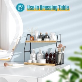 Nroech Bathroom Organizer Countertop, 2-Tier Standing Counter Shelf with Basket, Wood Tray for Kitchen Vanity Organizer
