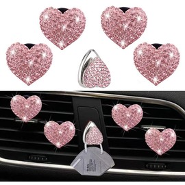 4 Pcs Bling Heart Air Vent Clips, Crystal Car Air Fresheners Vent Clips Rhinestone Car Diffuser Vent Clip Charm with Heart Shaped Car Adhesive Hooks Hanger and 12Pcs Unscented Refill Pads(Pink)