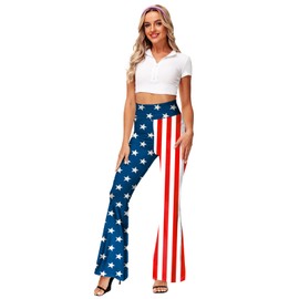 Deerose Patriotic Bell Bottom Pants for Women Fourth of July Flare Pants Stars and Stripes Wide Leg Trousers 2XL