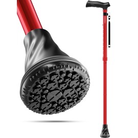 HONEYBULL Foldable Walking Cane for Seniors & Adults – Adjustable 8 Height Settings 30-37", Lightweight Collapsible Cane with Air Cushion Tip, Ergonomic Comfort Grip & Wrist Strap - Red
