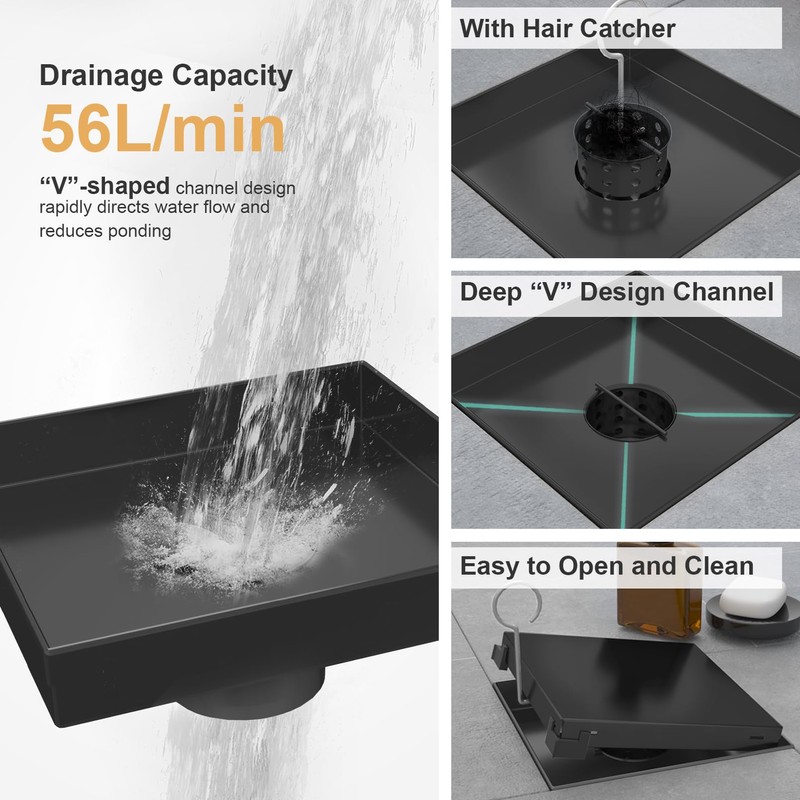 EBYTE Square Shower Drain, 6 Inch Black 304 Stainless Steel