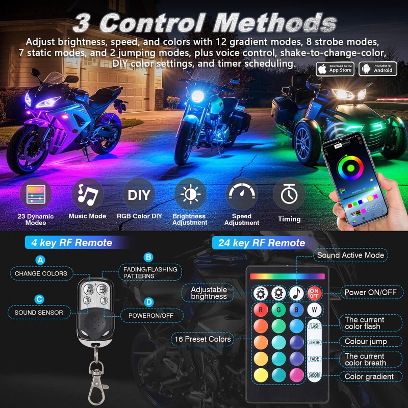 8PCS Double Row Motorcycle RGB LED Light Kits with Brake