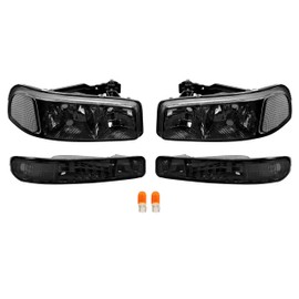HECASA Pair Headlights+Corner Lights Assembly Compatible with 1999-2007 GMC Sierra 1500/2500/3500/C3/Yukon/Yukon XL 1500/2500 Headlamp Front Light Lamp - Clear Lens Black Housing Clear Corner Lamp