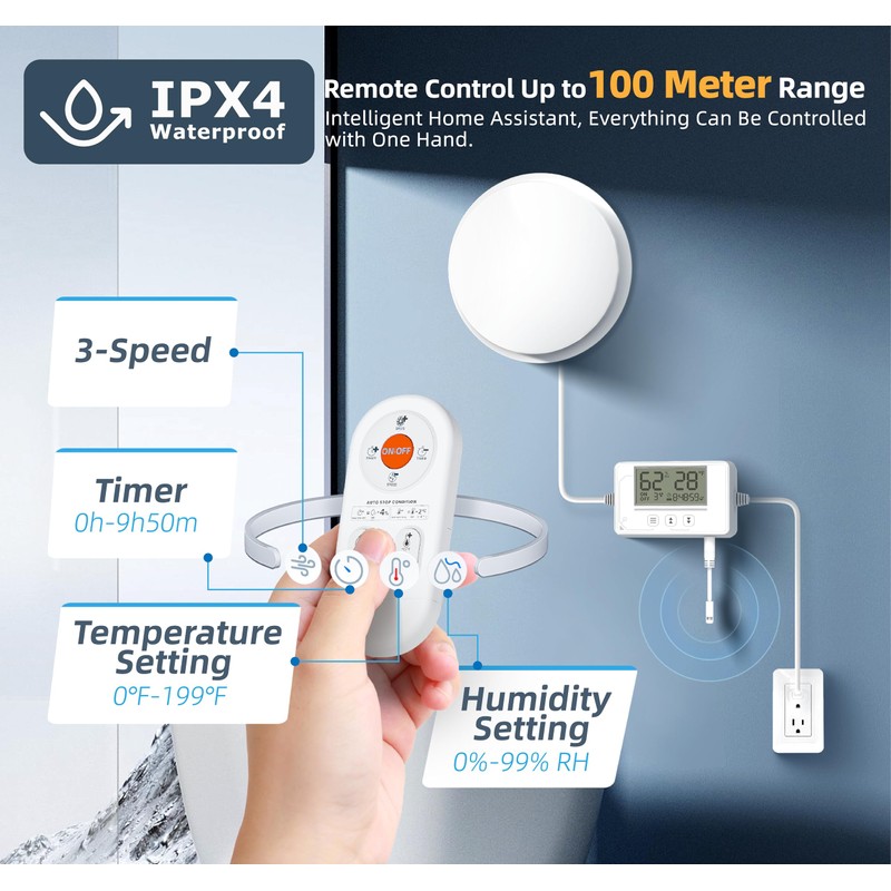 3 Speed Bathroom Fan with Humidity Sensor with Remote Control,