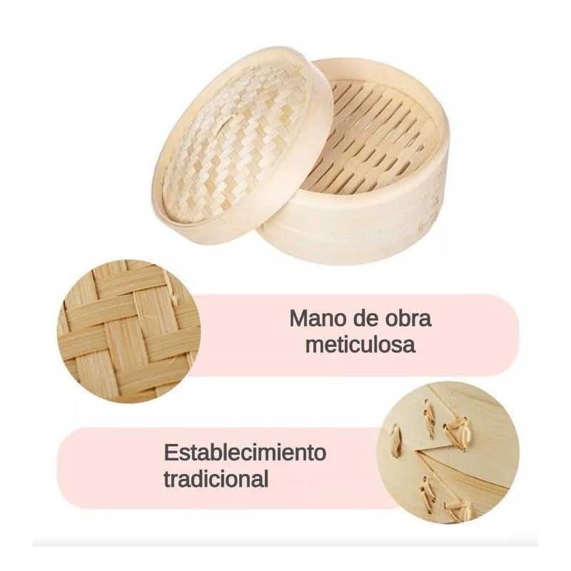 Vaporera Tradicional China de Bambú, 2 Niveles, Tejida a Mano,
