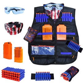 Kids Tactical Vest Kit for Nerf Guns N-Strike Elite Series with 40 Bullets Refill Darts, 2 Reload Clips, Dart Pouch, Tactical Masks, Hand Wrist Band and Protective Glasses Nerf Vest for Boys