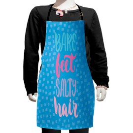 Ambesonne Beach Apron, Calligraphic Bare Feet Salty Hair Message Ink Inscription with Squares Background, Small Apron Bib with Adjustable Ties for Baking Painting, Small Size, Multicolor