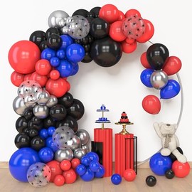 Amandir - Kit de guirnalda de arco de globos de 153 piezas en negro, rojo y azul, diferentes tamaños de 18, 12, 10, 5 pulgadas, globos rojos, azules y plateados de araña para niños, decoración de
