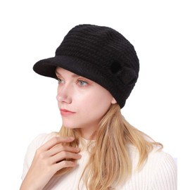 YAMEE Women's Winter Knitted Beanie Hat Women's Wool Hat Warm Beret Hat Ribbed Cap Women's Winter Hats, M9001*Black