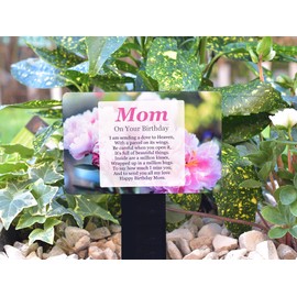'Mom On Your Birthday' Memorial - Sublimated Aluminium Memorial Plaque, mounted onto an acrylic stake, for outdoor use