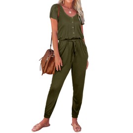 REORIA Women's Summer Casual Jumpsuit Plain Scoop Neck Button Down Bud Sleeve Rompers With Pockets Army Green M