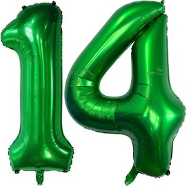 Dark Green 14 Number Balloons, 40 Inch Giant Number 14 Balloons Foil Mylar Helium Dark Green Number Balloons for 14th Birthday Party Supplies Anniversary Event Celebration Decorations