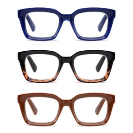 ZXYOO 3 Pack Oversize Square Design Reading Glasses for Women, Blue Light Blocking Computer Reader (Black&Blue&Coffee, 1.25)