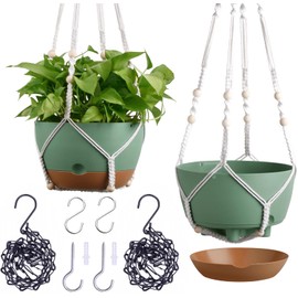 Set of 2-8 Inch Hanging Planters for Indoor Plants with Self-Watering Includes Hanging Pots for Plants, Outdoor Hanging Plant Pot with Drainage, and 2 Types of Hanging Baskets Hangers (Green)
