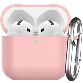 Nemteur für AirPods 4 Hülle 2024, Schützende Silikon Case für AirPods 4th 2024 Skin Front LED Sichtbar Silikon Hülle mit Karabiner, Rosa