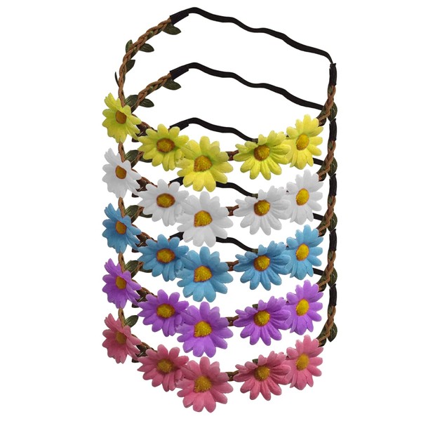 5 Pieces Flower Headbands, Daisy Wreath Headbands, Wreath Headbands, Flower Hair Accessories, Multicoloured Flower Crowns for Girls, Women, Daisy Wreath Wedding Headwear