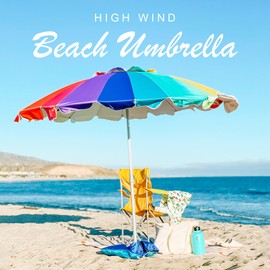 AMMSUN 7.5ft Large Heavy Duty HIGH Wind Beach Umbrella with sand anchor & Tilt Sun Shelter, UPF 50+ Protection Outdoor Umbrellas Sunshade with Carry Bag for Patio Garden Pool Backyard Rainbow