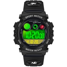 Dayllon Children's Watch Digital Outdoor Sports Waterproof Boys Watches 12/24H Alarm 7 Colourful Backlight Stopwatch Bracelet, all black, Strap.