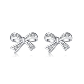 SLUYNZ Solid 925 Sterling Silver Tiny Bow Earrings Stud for Women Teens CZ Bowknot Stud Earrings (A-Silver)