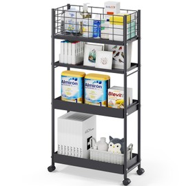 KINGRACK Slim Storage Cart, 4-Tier Metal Utility Rolling Cart with Wheels,Bathroom Organizer, Skinny Rolling Trolley, Mobile Shelving Unit for Office, Laundry Room, Narrow Place, Black