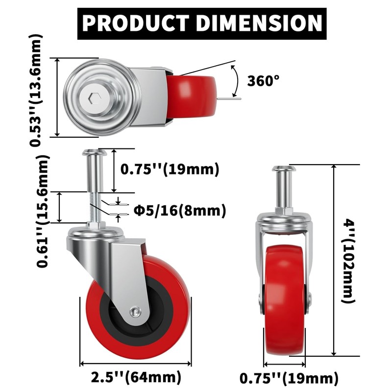 Mysit 2.5 inch Creeper Wheels Heavy-Duty M8 Threaded Swivel Caster