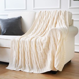 Battilo Soft Knitted Dual Cable Throw Blanket 50" 60" (Cream)