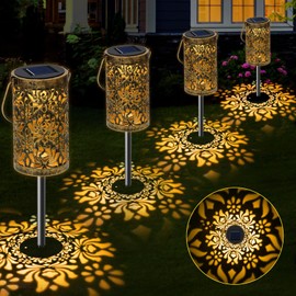 MMHF 4 Pack Solar Pathway Lights Lights Outdoor, LED Solar Lantern Bright Metal Retro Waterproof, Outside Decorative Rose Hanging Lanterns Solar Powered for Path Lawn Patio Yard Walkway