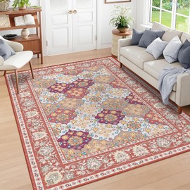 INGEROOM Area Rug 5x7 Boho Machine Washable Area Rug Vintage Kitchen Area Rug with Non Slip Backing for Living Room, Bedroom, Bathroom 5x7 Area Rugs, Red