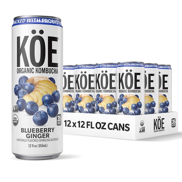 KÖE Organic Kombucha Cans, Blueberry Ginger, 12 Ounces, Pack of 12
