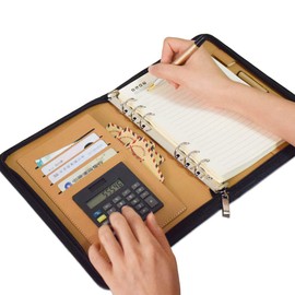 SAYEEC Spiral Notebooks Zipper PU Leather Cover Binder Rings Portfolio A5 Lined Paper Note Books with Calculator Pen Holder Card Slots Design for School Business Office Working