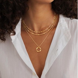 Layered Gold Necklaces for Women Stackable Dainty 14K Real Gold Plated Circle Pendant Necklace Paperclip Chain Choker Necklace Simple Cute Jewelry Set Women Teen Gift Trendy Stuff