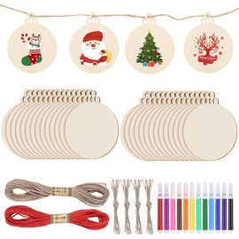 Zocipro 40Pcs Christmas Wooden Lantern Shape Ornaments Hanging, Round Wood Slice DIY Pendant Decoration with 12 Coloured Pens & 20m Twine, for Christmas Tree Decoration, Craft Projects