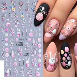 Easter Nail Stickers for Nail Art, 3D Self Adhesive Spring Nail Decals Embossed Flower Bunny Easter Egg Nails Design Stickers Cute Floral Nail Art Supplies for Women Manicure Decorations 4Sheets