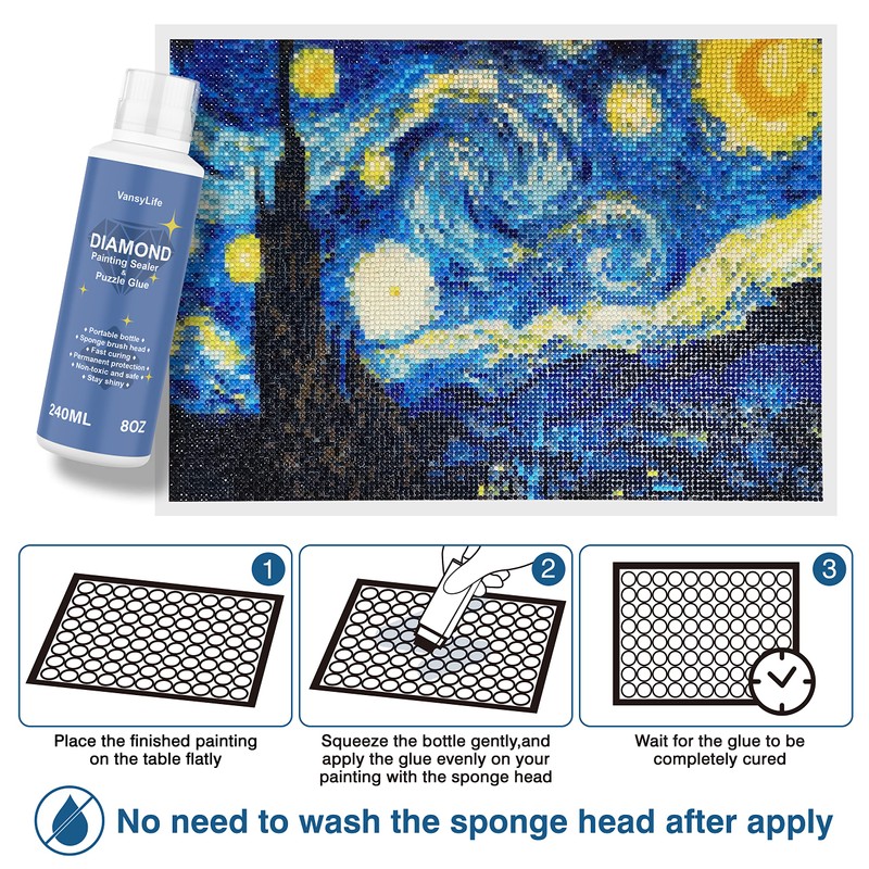 VansyLife 240ML Diamond Painting Sealer with Sponge Head, 5D Diamond