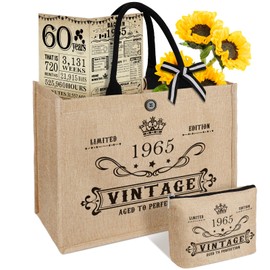 60th Birthday Gifts for Women Jute Tote Bag, Vintage 1965 Burlap Handbag with Cosmetic Bag and Back in 1965 Poster, Unique 60 Years Old Gifts for Mom Friends Wife Sister Her