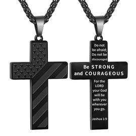 DuoDiner Black Cross Necklace for Men Boys Pendant Chain Stainless Steel American Flag Joshua 1:9 Baptism Religious Christian First Communion Confirmation Jewelry Gifts
