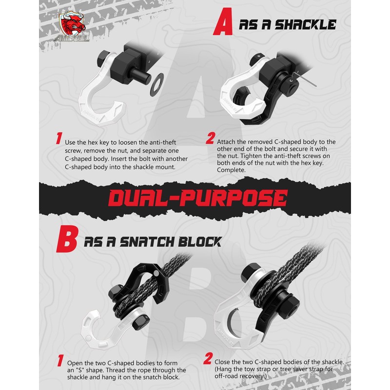AMBULL D Ring Separate Shackle with Snatch Block, 3/4" Easy