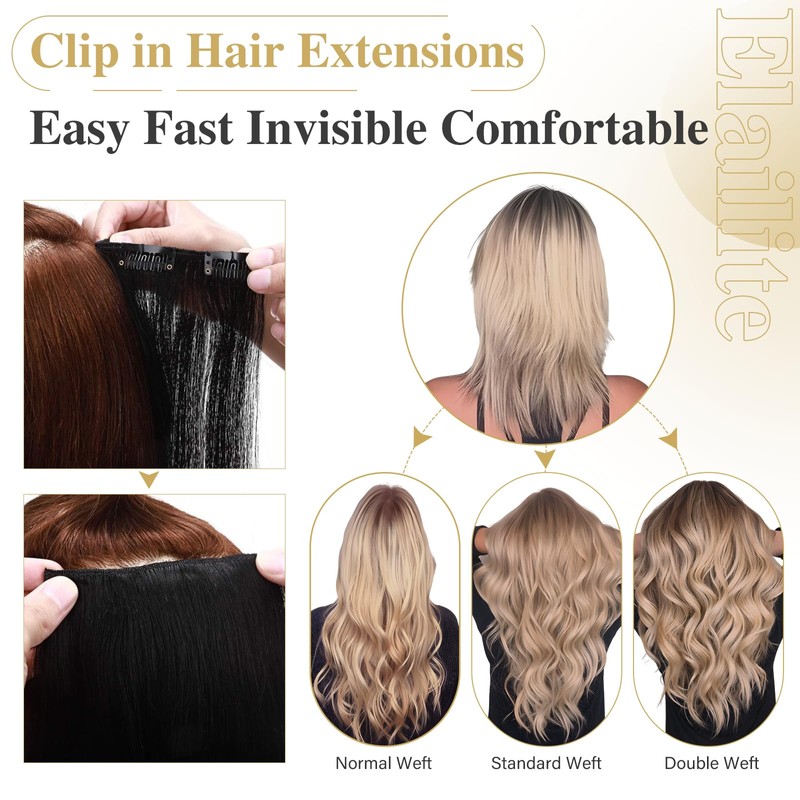 Elailite Real Hair Clip-In Extensions, 8 Wefts, Grey, Straight, Real