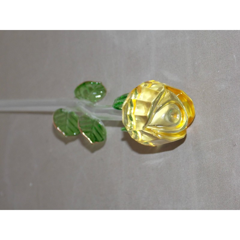 14" Long Stem Glass Yellow Rose Bud Flower Love