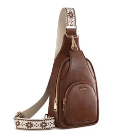 Vulkitty Brusttasche Damen Sling Bag PU Leder Crossbody Kleine Umhängetasche Schultertaschen mit Loch für Kabel, Dunkelbraun