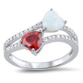 Simulated Garnet White Simulated Opal Double Heart Ring .925 Sterling Silver Band Size 7