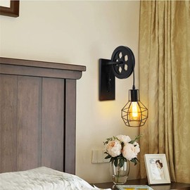 PUZHI HOME Rustic Wall Light Fixture Farmhouse Wall Sconce Pulley Wall Lamp Lantern with Metal Iron Cage 1 Set, Indoor Sconce Wall Lighting Bedroom Bedside Kitchen Barn Restaurant-Black