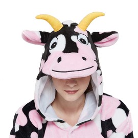 ACOGNA Cow Onesie Costume Adult Unisex Pajama Christmas Animal One Piece Cosplay Fleece Suit Pink Large