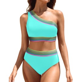 Tempt Me Women Aqua High Waisted Bikini Set - One Shoulder Two Piece Swimsuits Color Block Bathing Suits with Swimwear Bottom M
