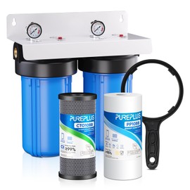 PUREPLUS 2-Stage Whole House Water Filtration System, 10"x4.5" Universal Home Filtration, with Sediment, Carbon Block Filter, Reduce Chlorine, Taste, Odor, Includes Pressure Gauges, 1" Inlet/Outlet