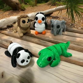 Mini 3D Printed Animals Collection - Unique Articulated Fidget 3D Printed Toys - Home Office Executive Desk Decor - Lion Penguin Elephant Panda Crocodile (5 Pk, Zoo)
