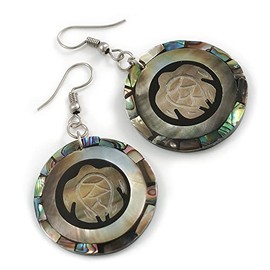 50mm L/Black/Natural/Abalone Round Shape Turtle Motif Sea Shell Earrings/Handmade/Slight Variation In Colour/Natural Irregularities