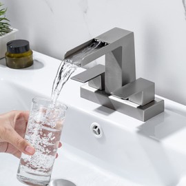 HAMOLER 4 Inch Centerset Waterfall Bathroom Faucet 3 Hole Lavatory Vanity Sink Faucet Two Handles Modern Sink Faucet with Overflow Pop Up Drain, Brushed Nickel