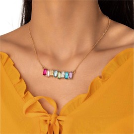 Wendalern Colorful Crystal Necklace Rectangular Crystal Pendant Necklace Rainbow Healing Stone Necklace Gold Geometric Chain Statement Necklace Jewelry Gifts for Women Girls
