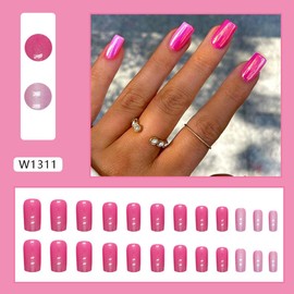 Hot Pink Press on Nails Medium Square Fake Nails Aurora Chrome False Nails with Design Solid Color Acrylic Glue on Nails Glossy Full Cover Stick on Nails Artificial Nails for Women Manicure 24Pcs